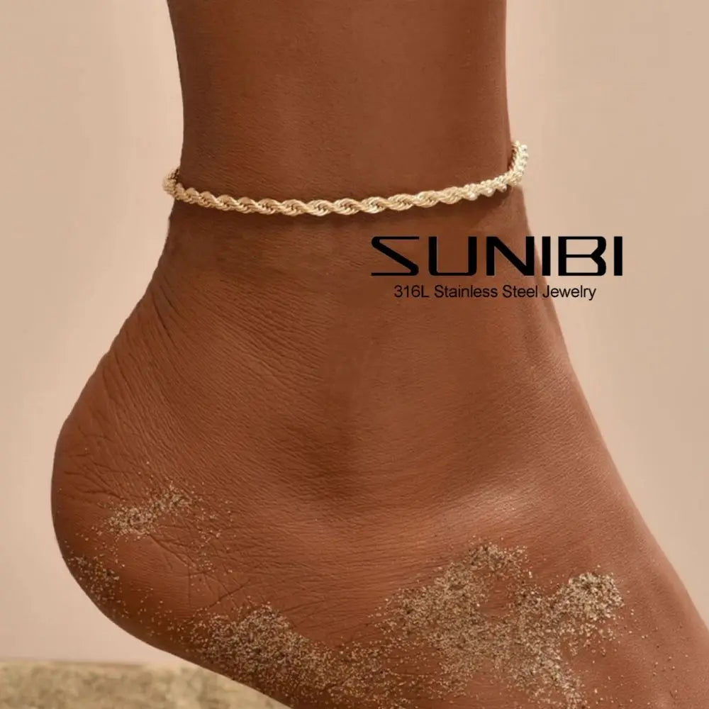 SUNIBI 316L Stainless Steel Link Anklet for Women Gold Color 4MM Classic Chain Foot Anklet Accessorie Wholesale Dropshipping