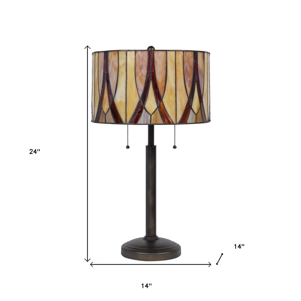 HMS 24\" Modern Two Light LED Table Lamp Bronze Metal with Red Ivory Rattan Drum Shade Battery Powered Resin Body for Bedrooms