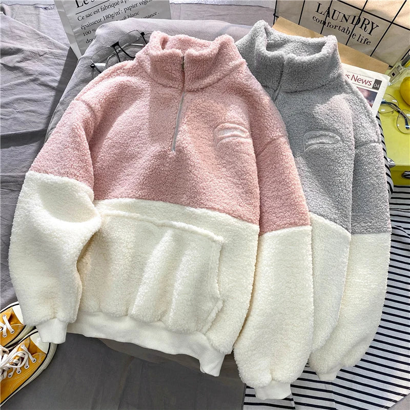 Women Patchwork Hoodies Stand Collar Lambswool Fashion Warm Cozy Loose Outerwear for Students Harajuku Winter New Sweatshirts