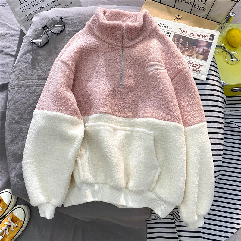Women Patchwork Hoodies Stand Collar Lambswool Fashion Warm Cozy Loose Outerwear for Students Harajuku Winter New Sweatshirts