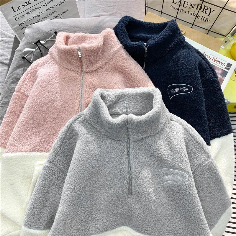 Women Patchwork Hoodies Stand Collar Lambswool Fashion Warm Cozy Loose Outerwear for Students Harajuku Winter New Sweatshirts