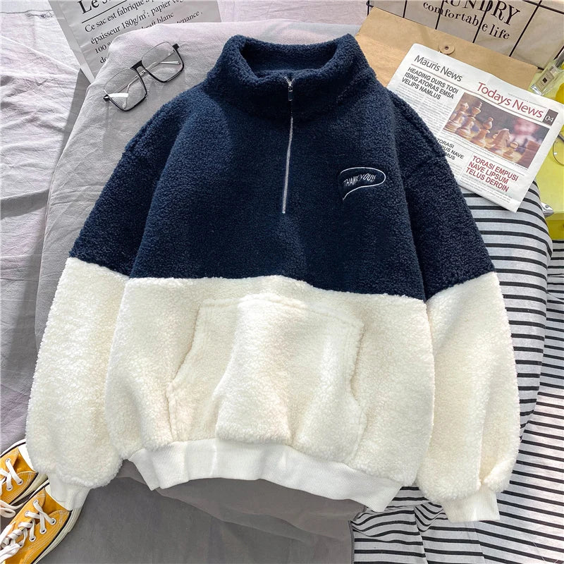 Women Patchwork Hoodies Stand Collar Lambswool Fashion Warm Cozy Loose Outerwear for Students Harajuku Winter New Sweatshirts