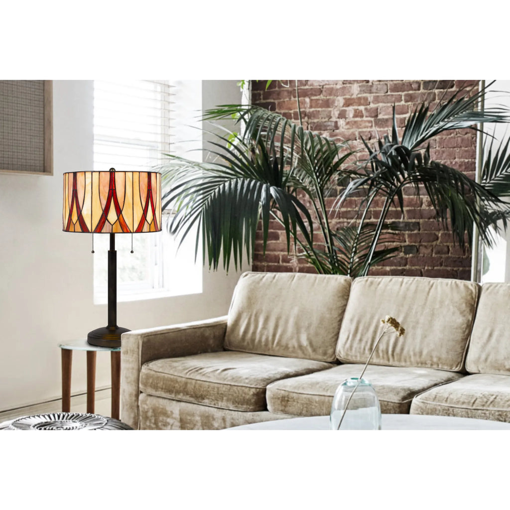 HMS 24\" Modern Two Light LED Table Lamp Bronze Metal with Red Ivory Rattan Drum Shade Battery Powered Resin Body for Bedrooms