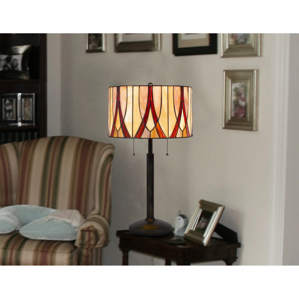 HMS 24\" Modern Two Light LED Table Lamp Bronze Metal with Red Ivory Rattan Drum Shade Battery Powered Resin Body for Bedrooms