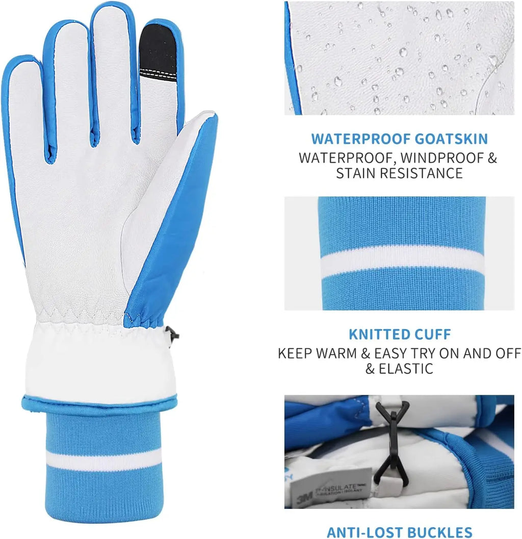 PRI Fashionable White Heat Preservation Waterproof Winter Goatskin Leather Glove