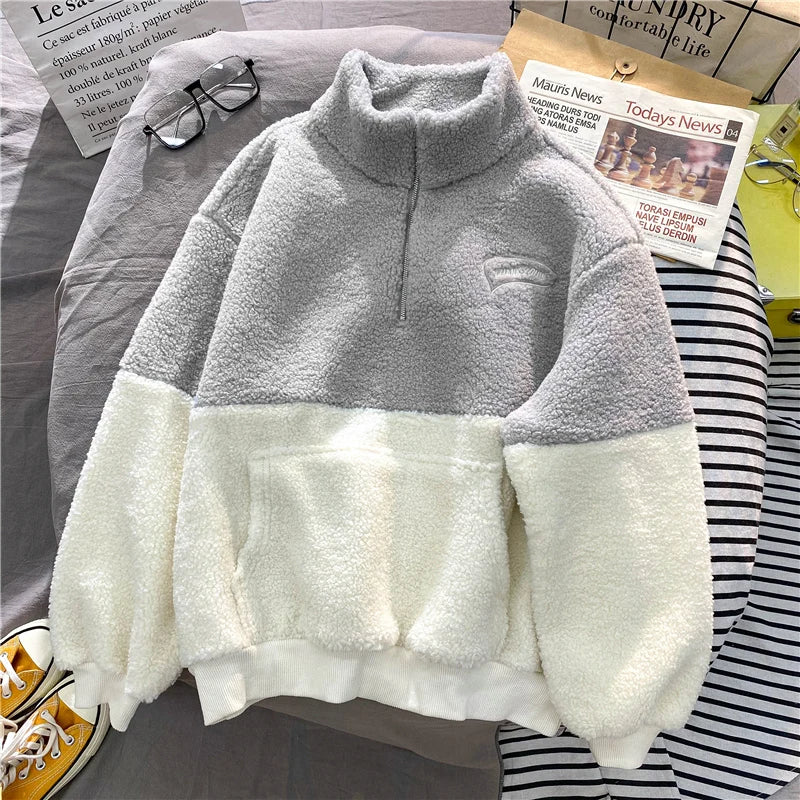 Women Patchwork Hoodies Stand Collar Lambswool Fashion Warm Cozy Loose Outerwear for Students Harajuku Winter New Sweatshirts