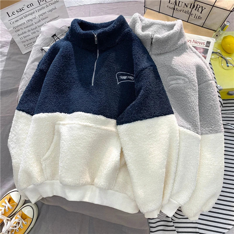 Women Patchwork Hoodies Stand Collar Lambswool Fashion Warm Cozy Loose Outerwear for Students Harajuku Winter New Sweatshirts