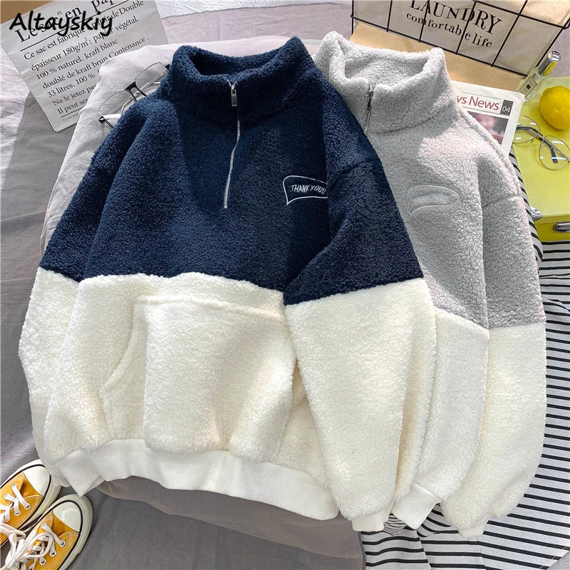 Women Patchwork Hoodies Stand Collar Lambswool Fashion Warm Cozy Loose Outerwear for Students Harajuku Winter New Sweatshirts