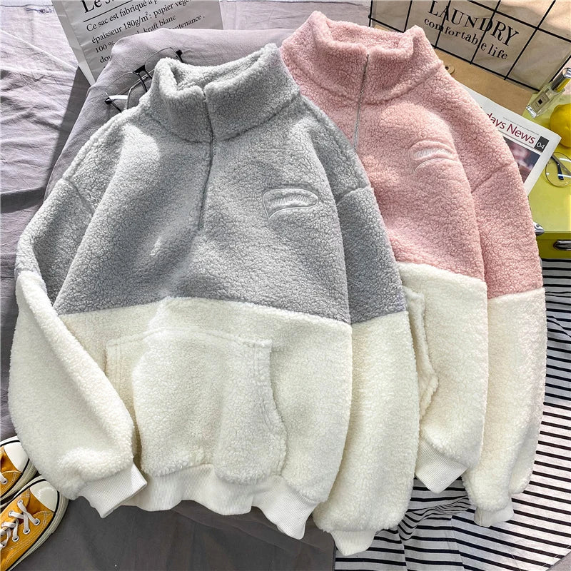 Women Patchwork Hoodies Stand Collar Lambswool Fashion Warm Cozy Loose Outerwear for Students Harajuku Winter New Sweatshirts