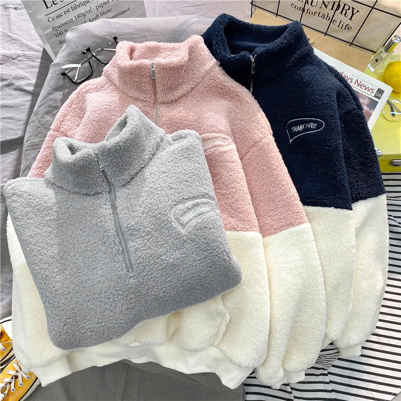 Women Patchwork Hoodies Stand Collar Lambswool Fashion Warm Cozy Loose Outerwear for Students Harajuku Winter New Sweatshirts