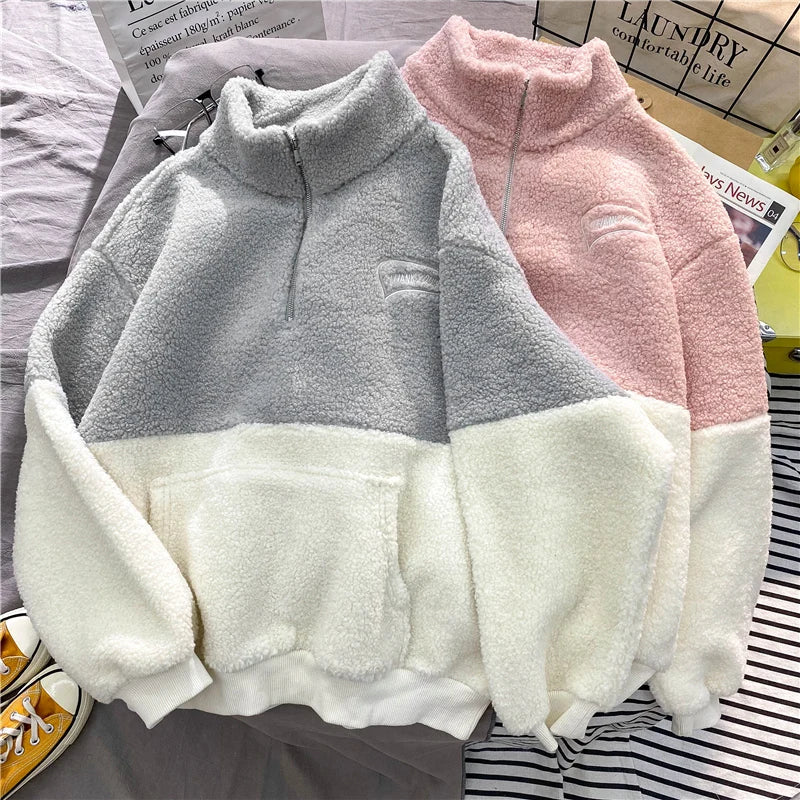Women Patchwork Hoodies Stand Collar Lambswool Fashion Warm Cozy Loose Outerwear for Students Harajuku Winter New Sweatshirts