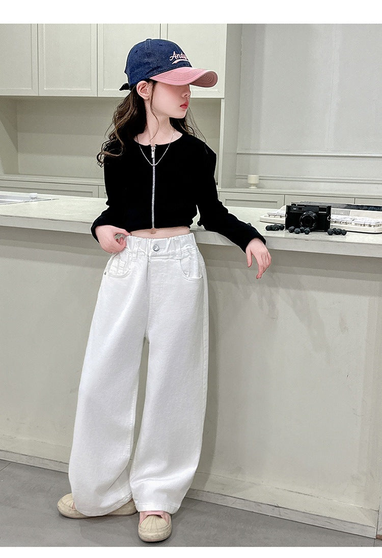 Girls Casual Trousers Cotton Spring Autumn Teenage Kid Straight Leg Pants Embroidered Butterfly Knot Wide Leg Pants for Children