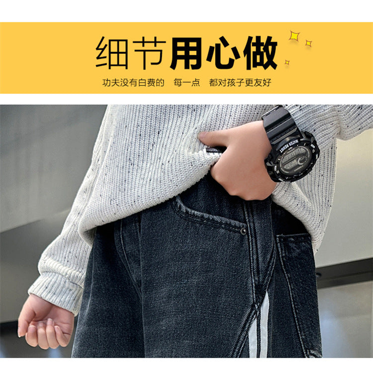 Boys Fleece Lined Jeans Side Stripe Autumn Winter Loose Soft Straight Leg Wide Denim Pants Warm Trousers for Teenage Children