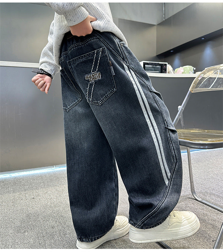 Boys Fleece Lined Jeans Side Stripe Autumn Winter Loose Soft Straight Leg Wide Denim Pants Warm Trousers for Teenage Children