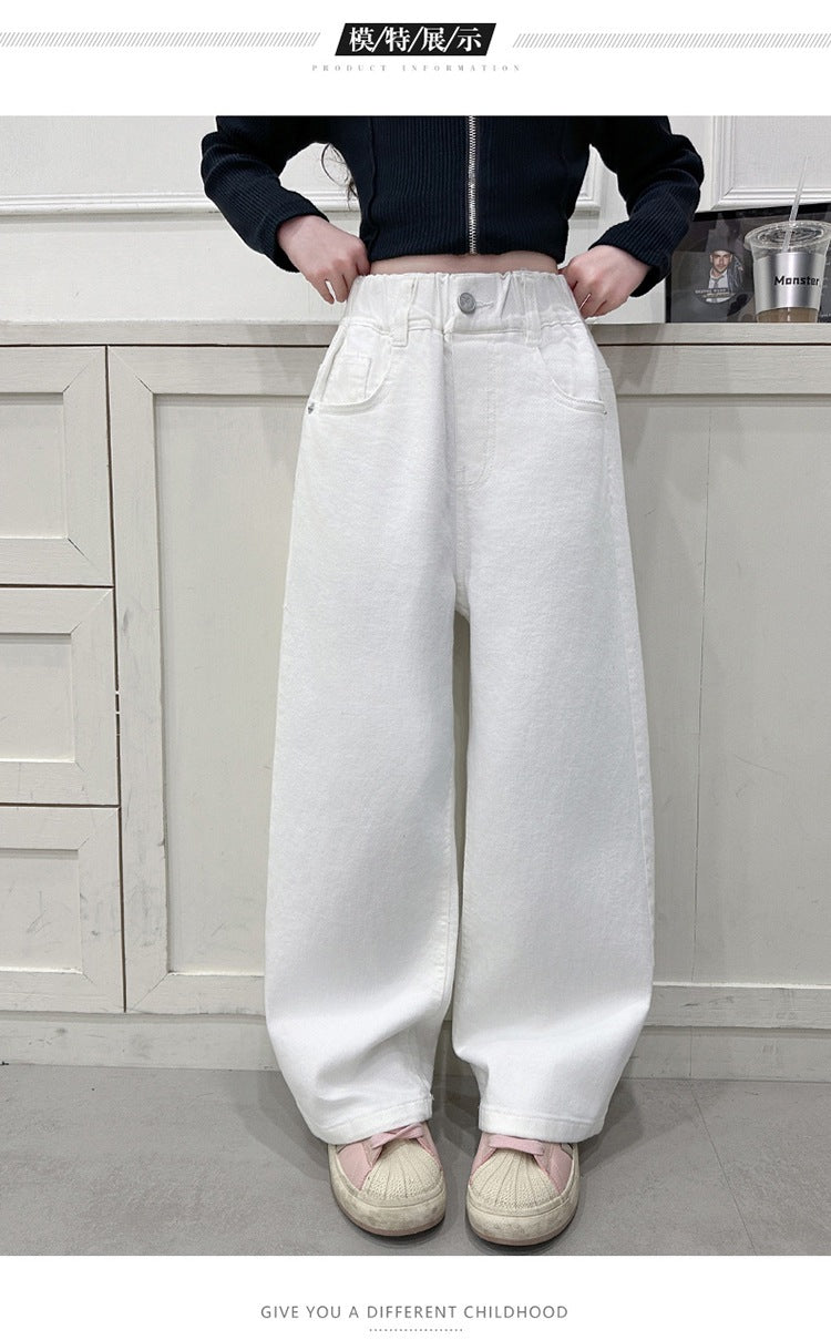 Girls Casual Trousers Cotton Spring Autumn Teenage Kid Straight Leg Pants Embroidered Butterfly Knot Wide Leg Pants for Children