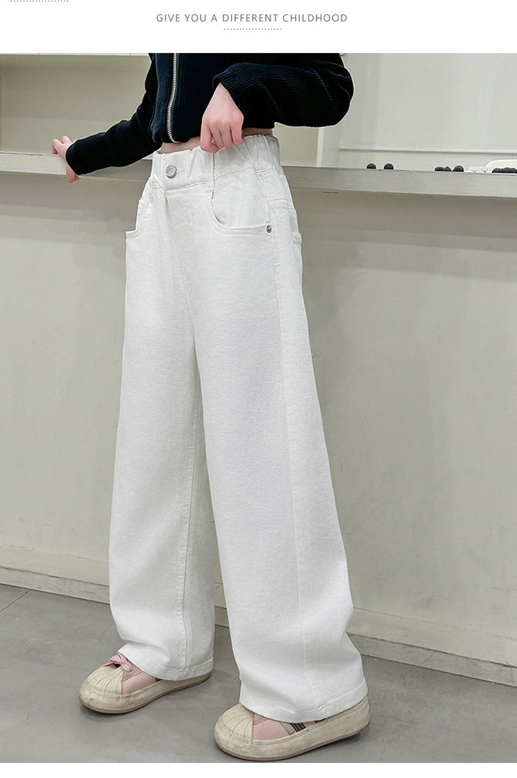 Girls Casual Trousers Cotton Spring Autumn Teenage Kid Straight Leg Pants Embroidered Butterfly Knot Wide Leg Pants for Children