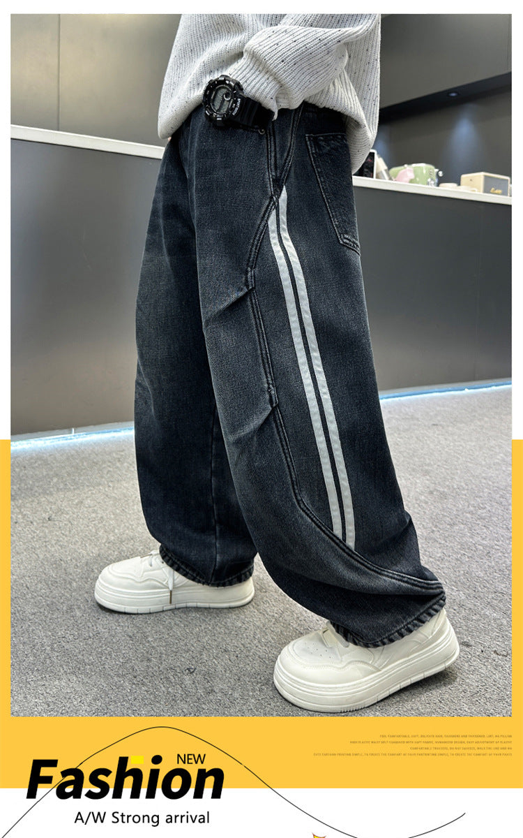 Boys Fleece Lined Jeans Side Stripe Autumn Winter Loose Soft Straight Leg Wide Denim Pants Warm Trousers for Teenage Children