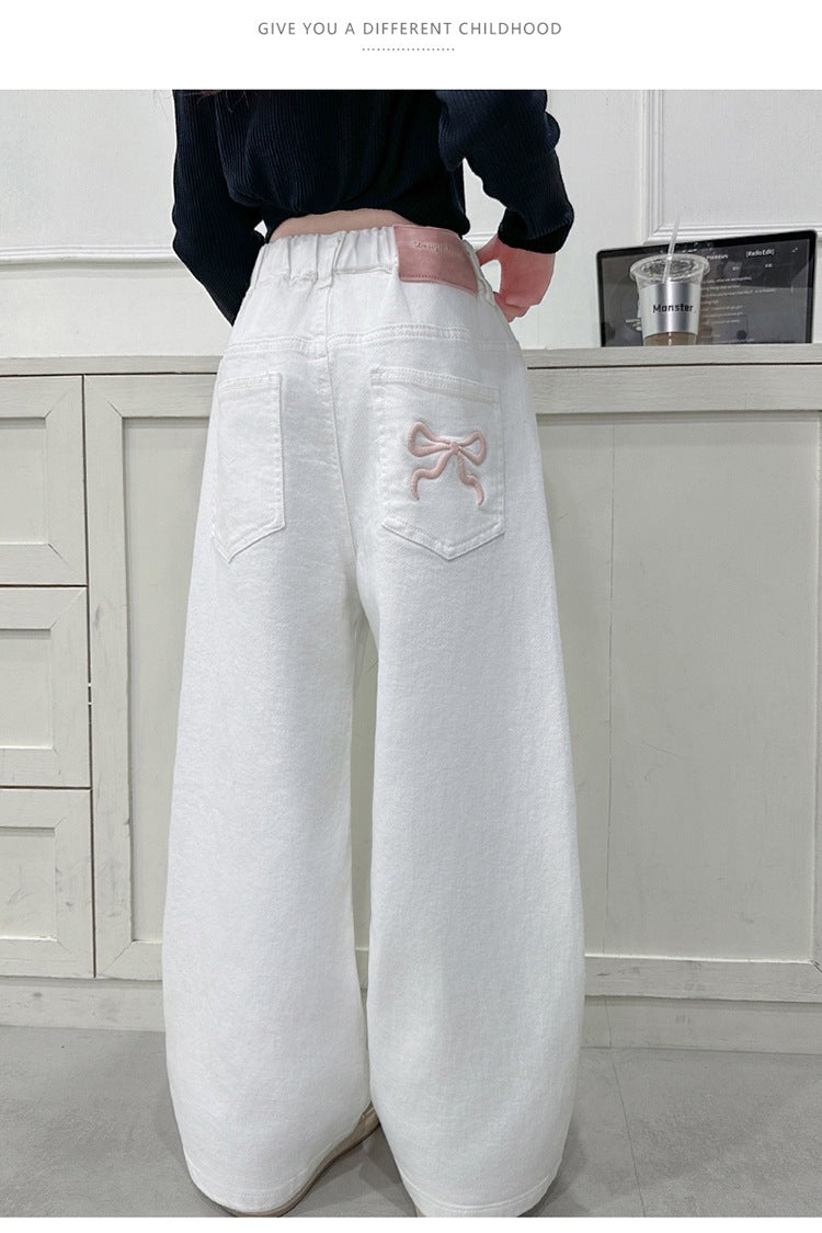 Girls Casual Trousers Cotton Spring Autumn Teenage Kid Straight Leg Pants Embroidered Butterfly Knot Wide Leg Pants for Children