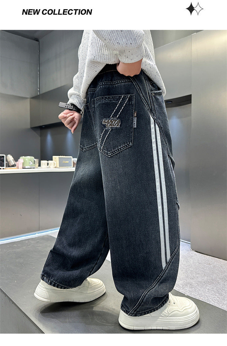 Boys Fleece Lined Jeans Side Stripe Autumn Winter Loose Soft Straight Leg Wide Denim Pants Warm Trousers for Teenage Children