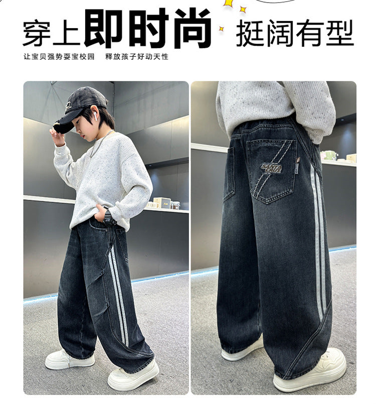 Boys Fleece Lined Jeans Side Stripe Autumn Winter Loose Soft Straight Leg Wide Denim Pants Warm Trousers for Teenage Children