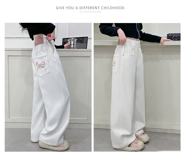 Girls Casual Trousers Cotton Spring Autumn Teenage Kid Straight Leg Pants Embroidered Butterfly Knot Wide Leg Pants for Children