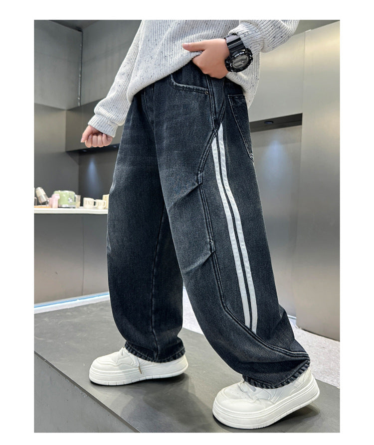 Boys Fleece Lined Jeans Side Stripe Autumn Winter Loose Soft Straight Leg Wide Denim Pants Warm Trousers for Teenage Children