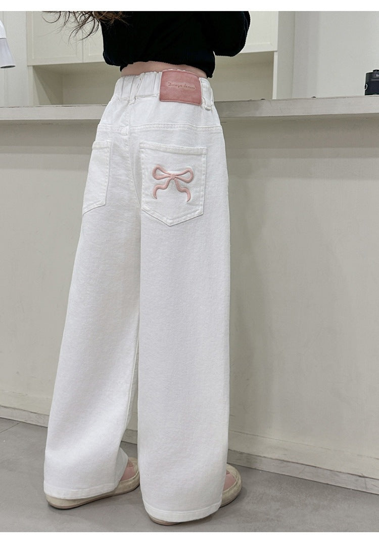 Girls Casual Trousers Cotton Spring Autumn Teenage Kid Straight Leg Pants Embroidered Butterfly Knot Wide Leg Pants for Children