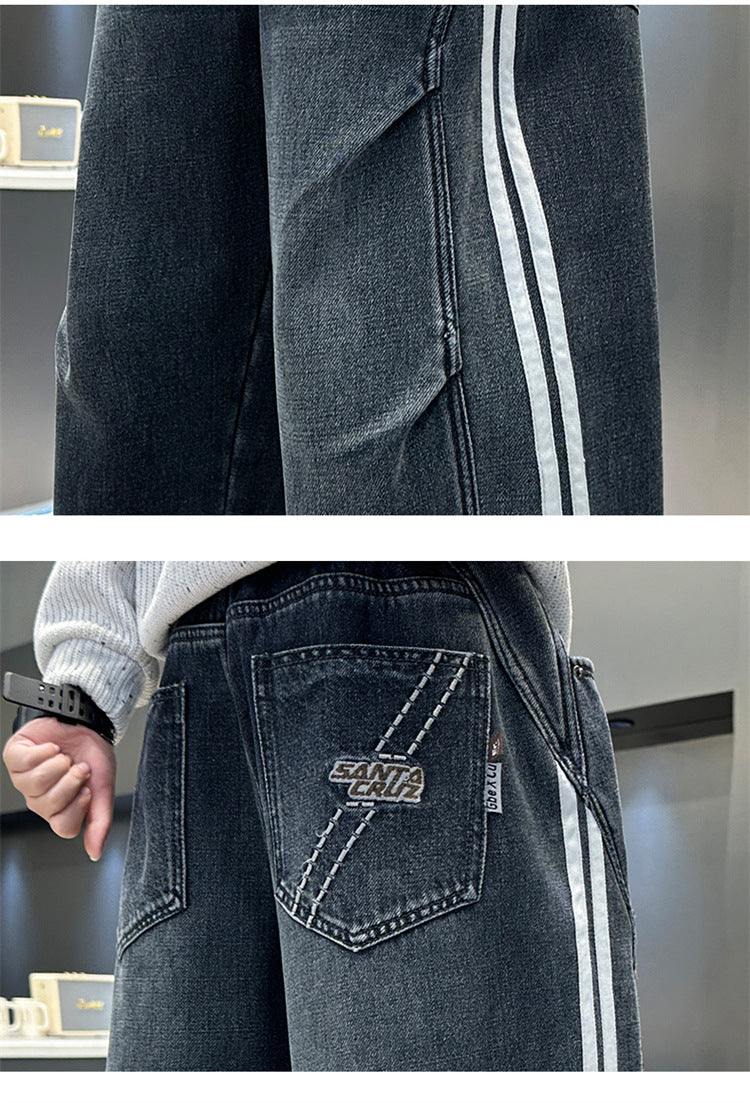 Boys Fleece Lined Jeans Side Stripe Autumn Winter Loose Soft Straight Leg Wide Denim Pants Warm Trousers for Teenage Children