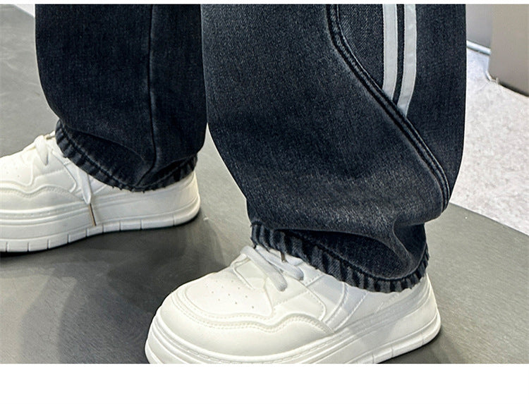 Boys Fleece Lined Jeans Side Stripe Autumn Winter Loose Soft Straight Leg Wide Denim Pants Warm Trousers for Teenage Children
