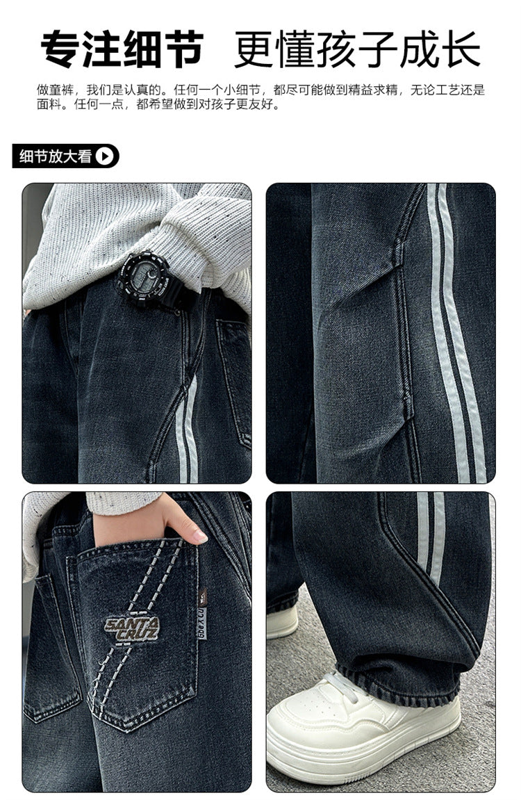Boys Fleece Lined Jeans Side Stripe Autumn Winter Loose Soft Straight Leg Wide Denim Pants Warm Trousers for Teenage Children