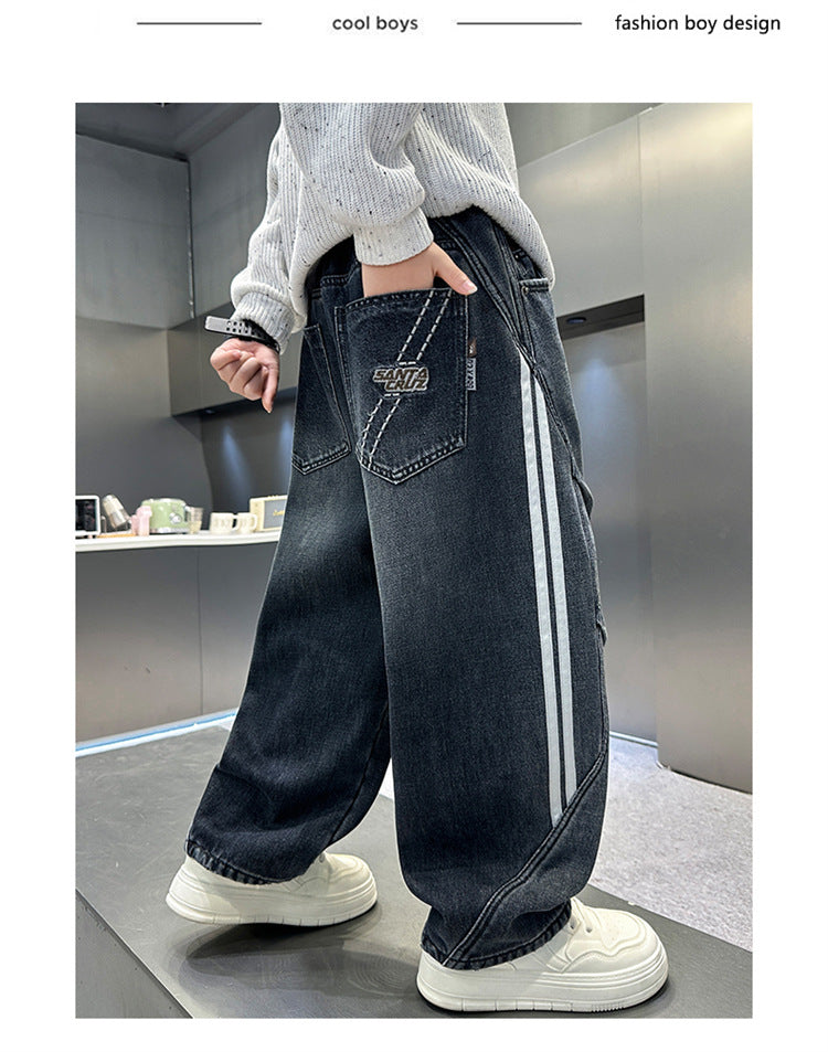 Boys Fleece Lined Jeans Side Stripe Autumn Winter Loose Soft Straight Leg Wide Denim Pants Warm Trousers for Teenage Children