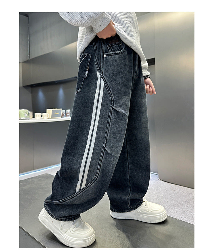 Boys Fleece Lined Jeans Side Stripe Autumn Winter Loose Soft Straight Leg Wide Denim Pants Warm Trousers for Teenage Children