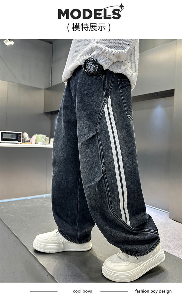 Boys Fleece Lined Jeans Side Stripe Autumn Winter Loose Soft Straight Leg Wide Denim Pants Warm Trousers for Teenage Children