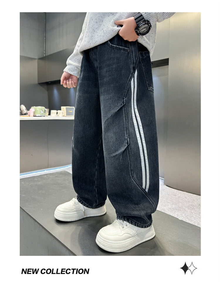 Boys Fleece Lined Jeans Side Stripe Autumn Winter Loose Soft Straight Leg Wide Denim Pants Warm Trousers for Teenage Children
