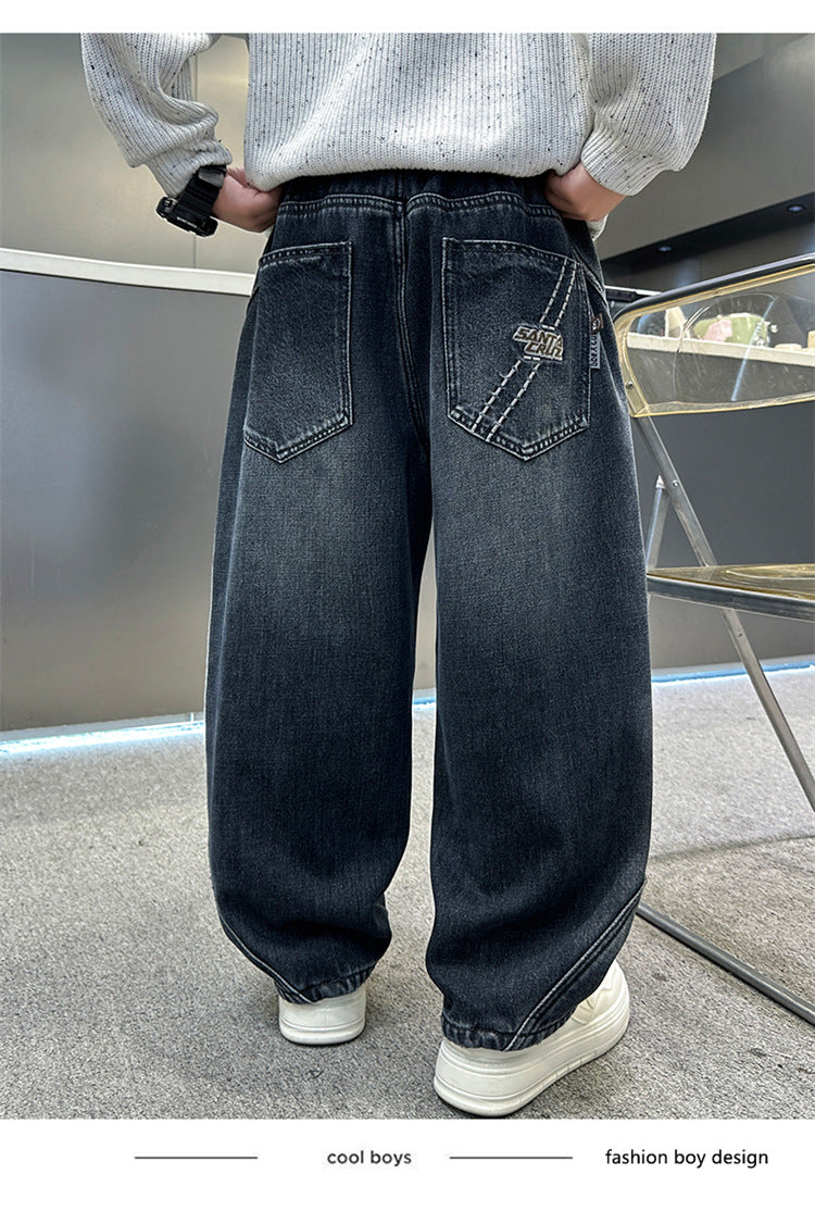 Boys Fleece Lined Jeans Side Stripe Autumn Winter Loose Soft Straight Leg Wide Denim Pants Warm Trousers for Teenage Children