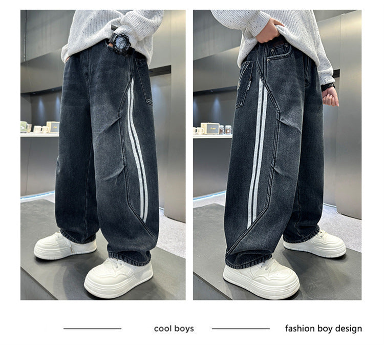 Boys Fleece Lined Jeans Side Stripe Autumn Winter Loose Soft Straight Leg Wide Denim Pants Warm Trousers for Teenage Children