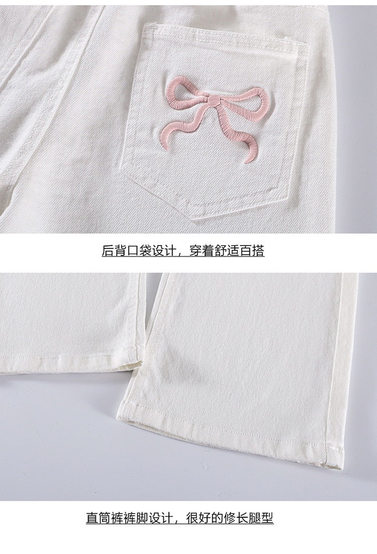 Girls Casual Trousers Cotton Spring Autumn Teenage Kid Straight Leg Pants Embroidered Butterfly Knot Wide Leg Pants for Children