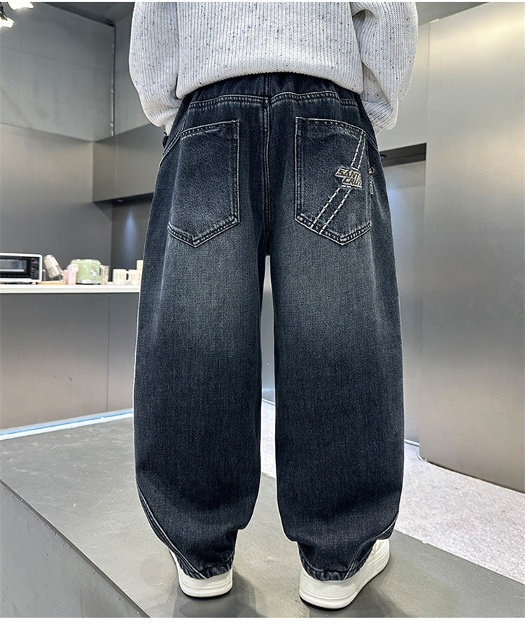Boys Fleece Lined Jeans Side Stripe Autumn Winter Loose Soft Straight Leg Wide Denim Pants Warm Trousers for Teenage Children