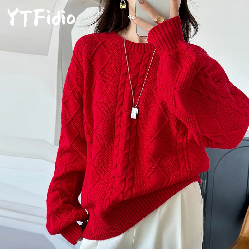 YTFidio 100% Cotton Women O-neck Thickened Twisted Flower Pullover Sweater Luxury Designer Clothing Plus Size 400