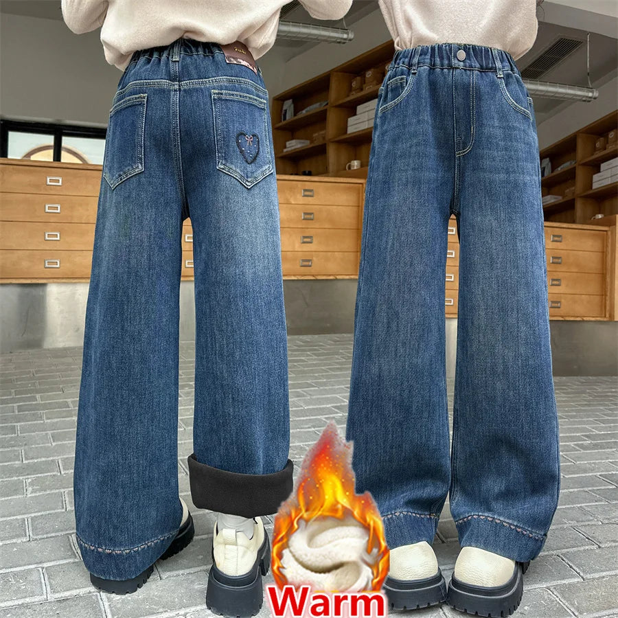 Elegant Children Insulated Jeans for Girls Fashion Heart Pocket Winter Warm Denim Pants Kids Child Fleece Lined Jeans Trousers