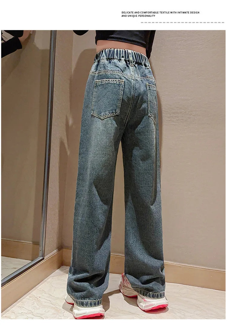Children Winter Insulated Jeans for Girl Warm and Thick Thermal Denim Pants Teen Kids Fashion Fleece-Lined Street Trousers