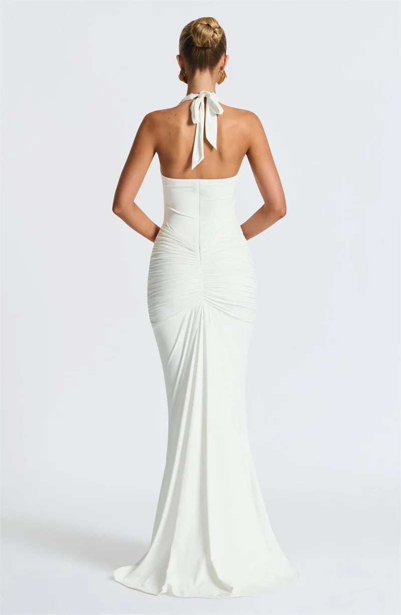 Mozision Deep V Neck Draped Ruched Sexy Maxi Dress Women Summer Fashion Halter Sleeveless Backless Club Party Long Dress Elegant