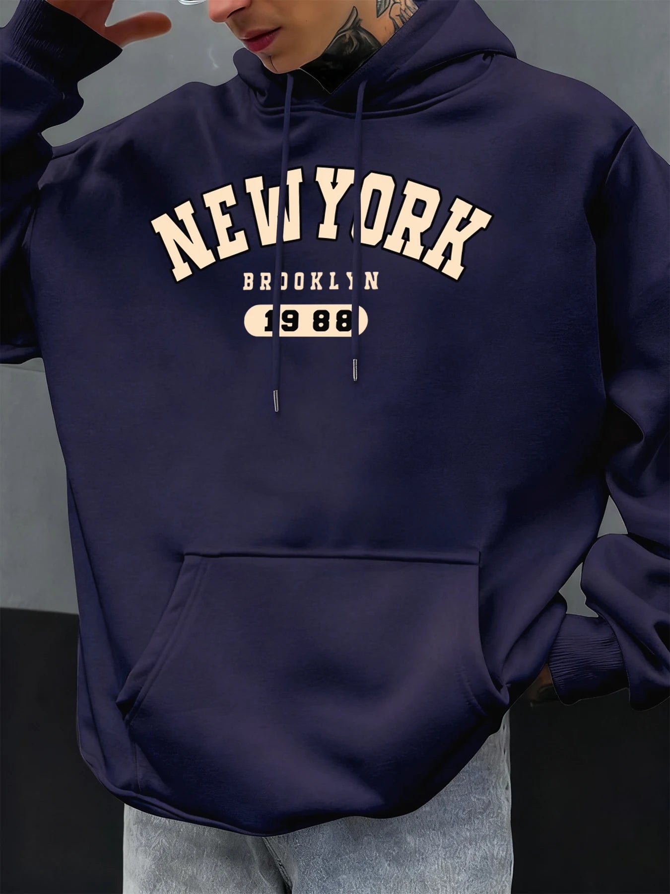 New York Brooklyn 1988 Pattern Men Hoodies Loose Fleece Hoodie All-Match Pocket Pullovers Autumn Multicolor Hoody Casual Tops