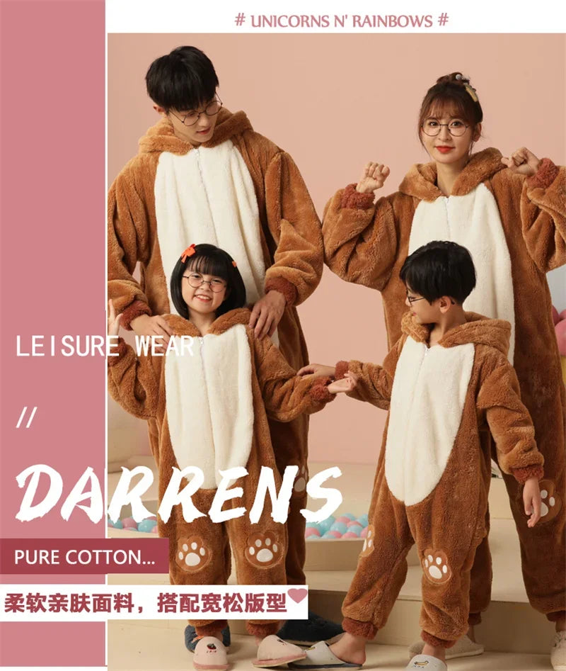 Winter Family Parent-Child Outfit Pijamas Onesie Sleepwear Thicken Pajamas Hoodies Jumpsuits Cartoon Tiger Kawaii Soft Warm