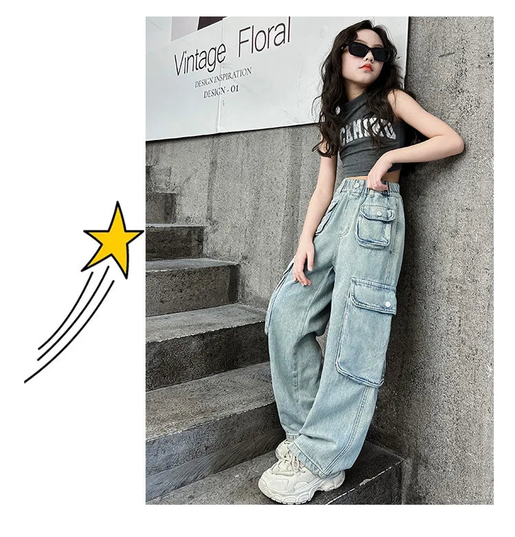 Girls Trousers Big Pocket Jeans 2025 Spring and Summer New Large Children Loose Cargo Pants Stylish Baggy Pants Simple Casual