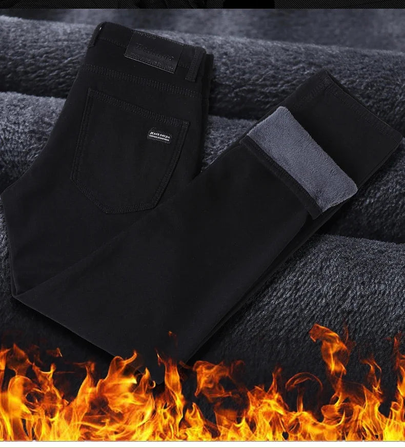 WTHINLEE Winter Men Black Straight Stretch Denim Thick Velvet Pants Warm Jeans Casual Fleece Line Trousers Male Plus Size
