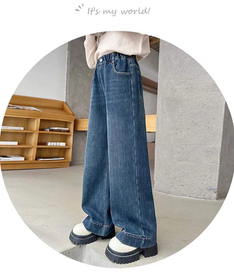 Elegant Children Insulated Jeans for Girls Fashion Heart Pocket Winter Warm Denim Pants Kids Child Fleece Lined Jeans Trousers