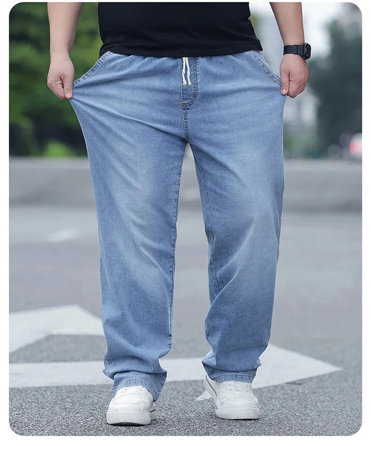 8XL Oversize Jeans Men Autumn Fashion Streetwear Pant Plus Size Cargo Jeans Soft Cotton Loose Baggy Casual Jeans For Dad Husband