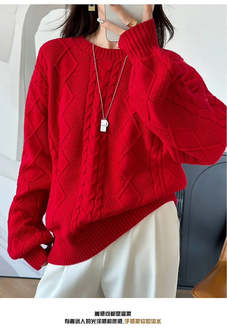YTFidio 100% Cotton Women O-neck Thickened Twisted Flower Pullover Sweater Luxury Designer Clothing Plus Size 400