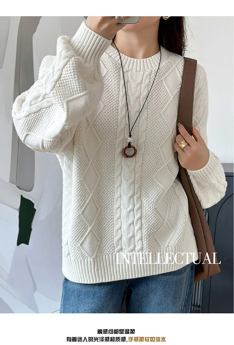 YTFidio 100% Cotton Women O-neck Thickened Twisted Flower Pullover Sweater Luxury Designer Clothing Plus Size 400